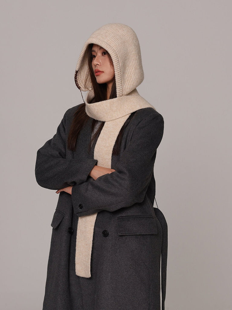 Cagoule femme hiver, écharpe tricot laine intégrée, bonnet capuche chaude, balaclava douce et confortable, cagoule mode, modèle Dipsy - Écharpe - Beige