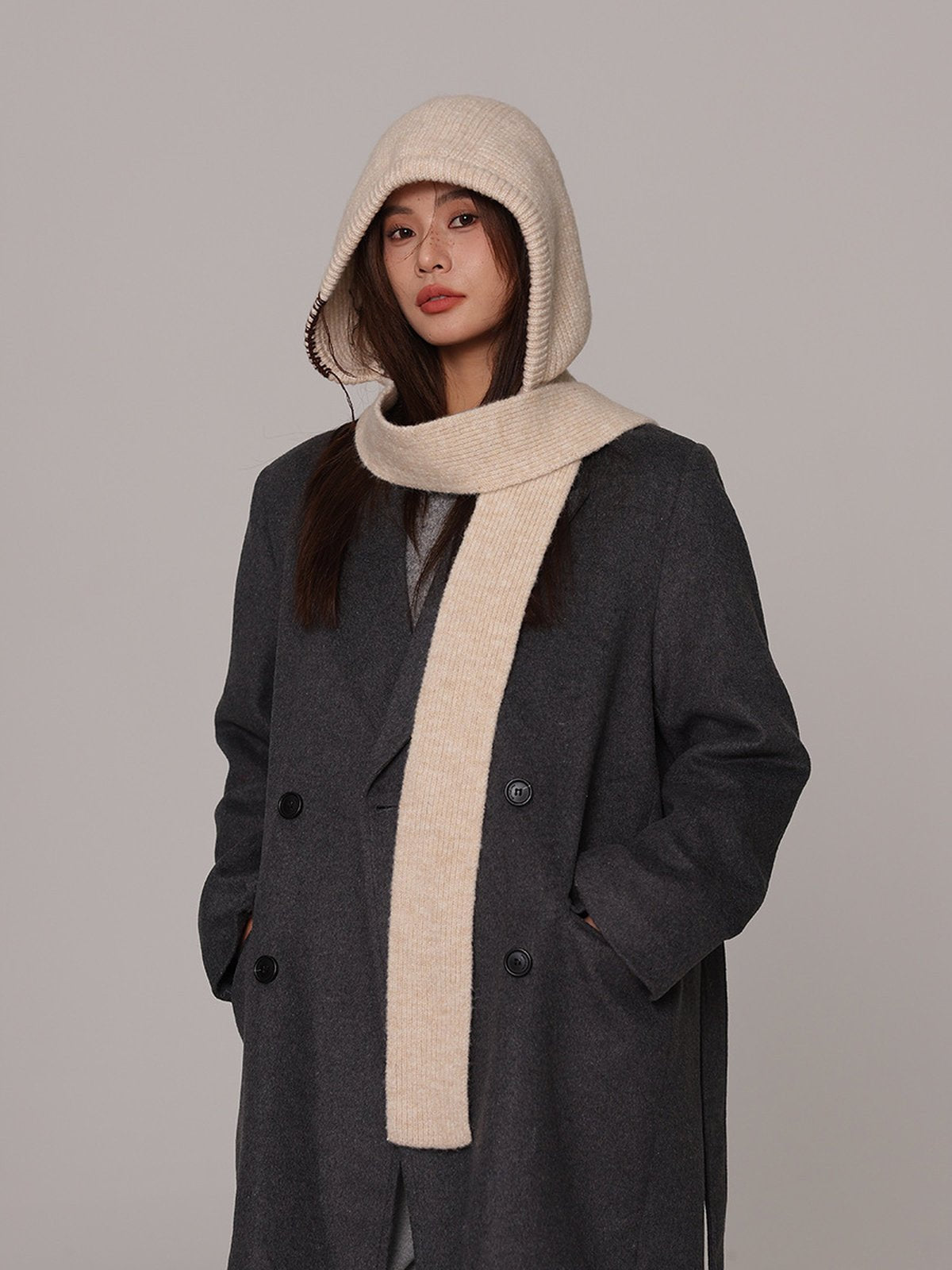 Cagoule femme hiver, écharpe tricot laine intégrée, bonnet capuche chaude, balaclava douce et confortable, cagoule mode, modèle Dipsy - Écharpe - Beige