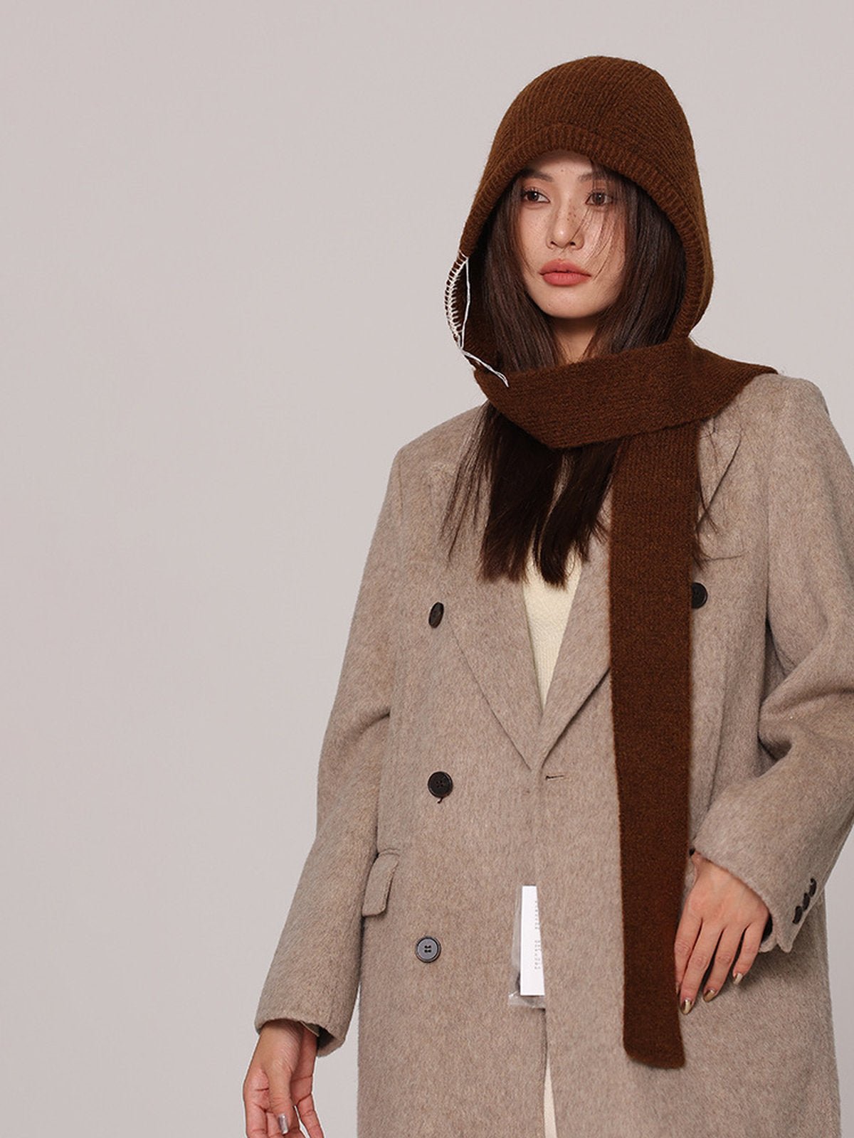 Cagoule femme hiver, écharpe tricot laine intégrée, bonnet capuche chaude, balaclava douce et confortable, cagoule mode, modèle Dipsy - Écharpe - Marron