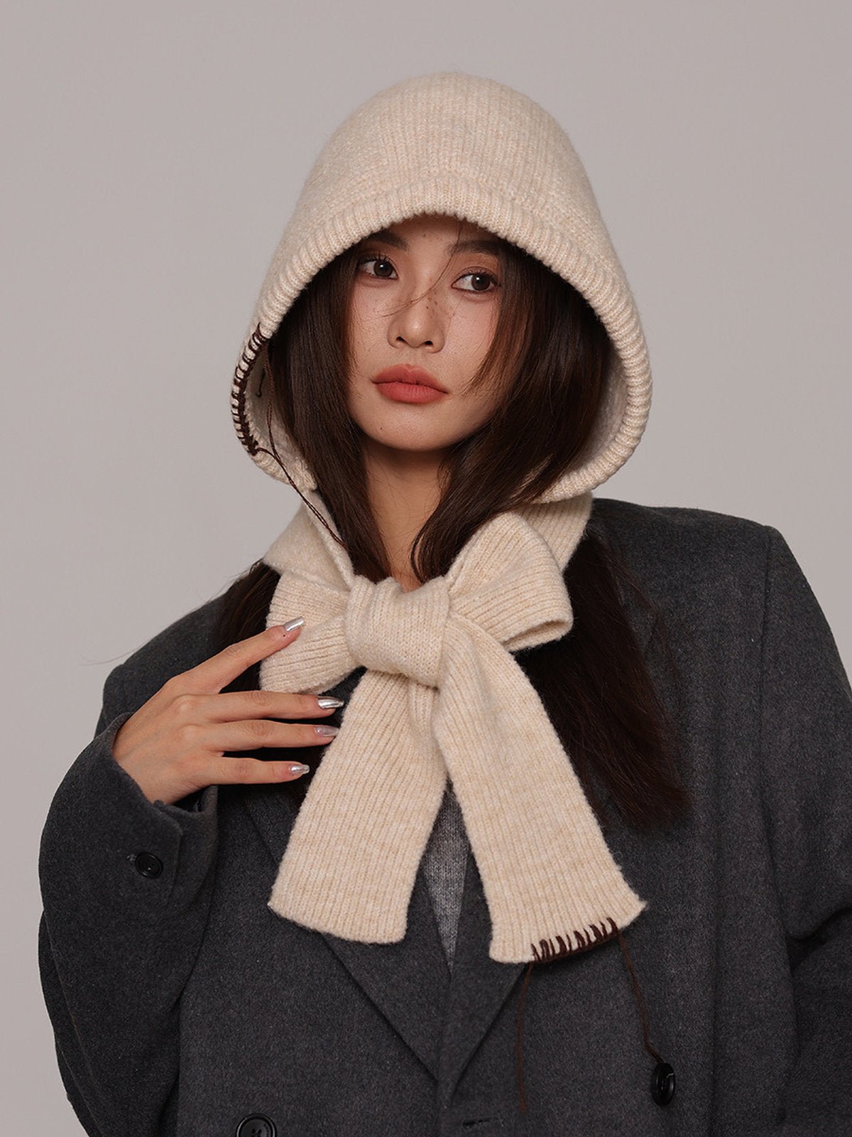 Cagoule femme hiver, écharpe tricot laine intégrée, bonnet capuche chaude, balaclava douce et confortable, cagoule mode, modèle Dipsy - Écharpe - Beige