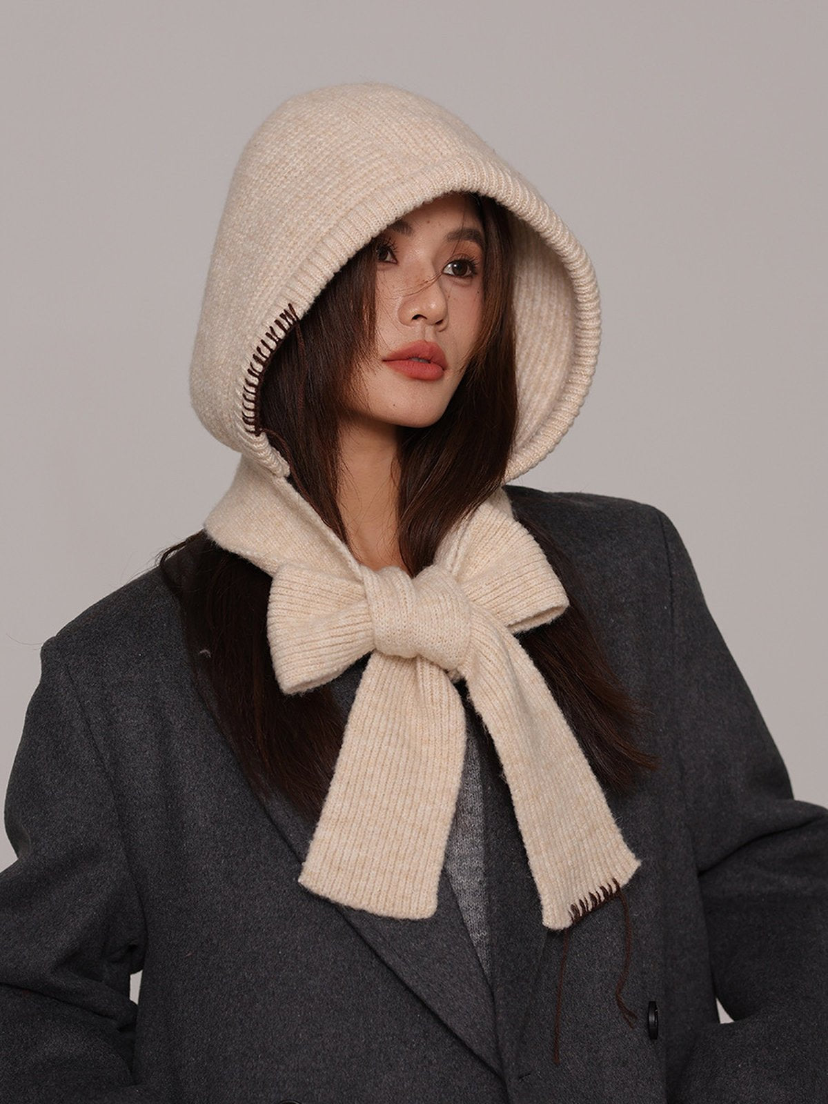 Cagoule femme hiver, écharpe tricot laine intégrée, bonnet capuche chaude, balaclava douce et confortable, cagoule mode, modèle Dipsy - Écharpe - Beige