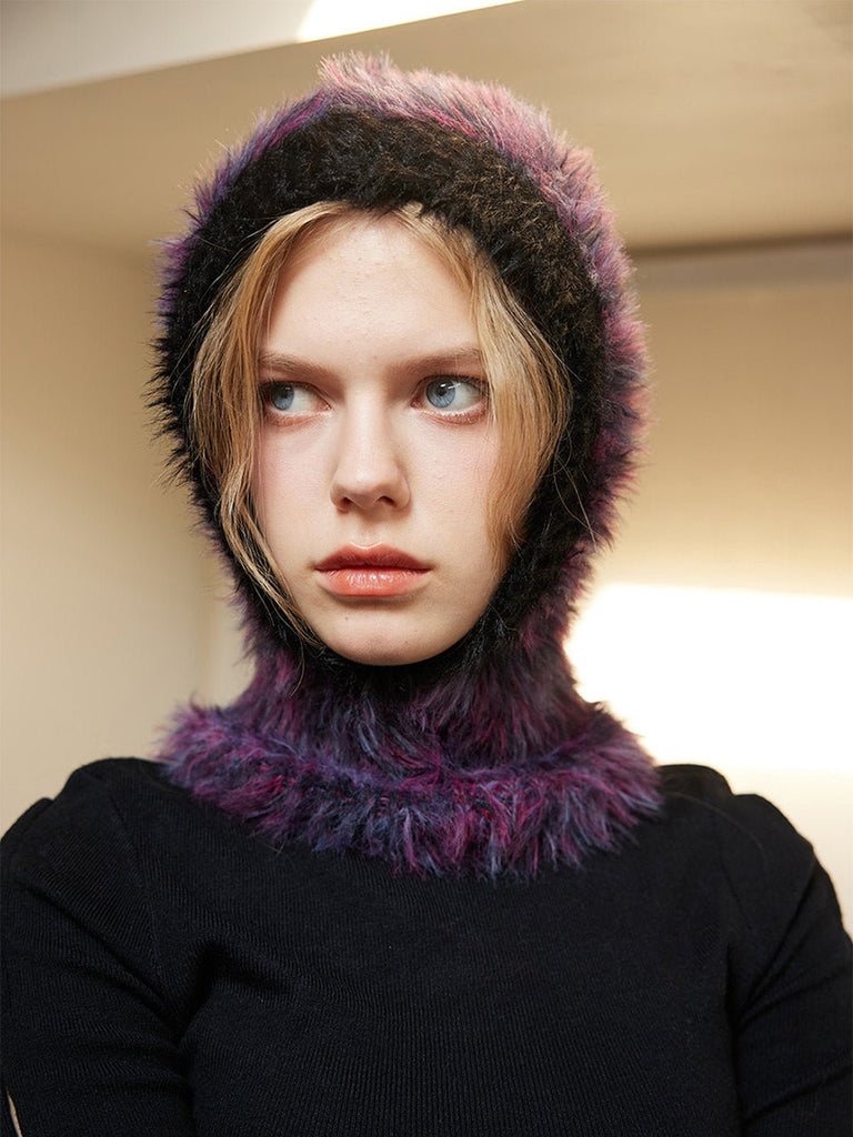 Cagoule tricotée douce, bonnet col intégré en fausse fourrure, accessoire hiver chaud et coloré, modèle Nitra - Écharpe - Violet