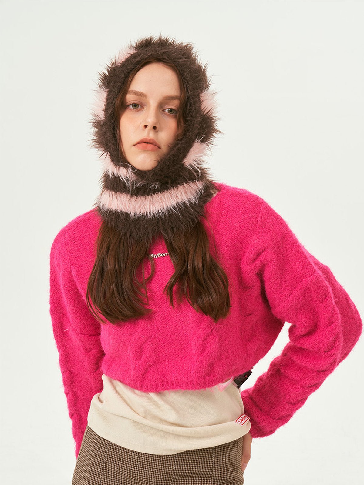 Cagoule tricotée douce en fausse fourrure, unisexe chaude, à rayures, cagoule d’hiver colorée, style streetwear, moelleuse à enfiler, modèle Yénize - Écharpe - Marron