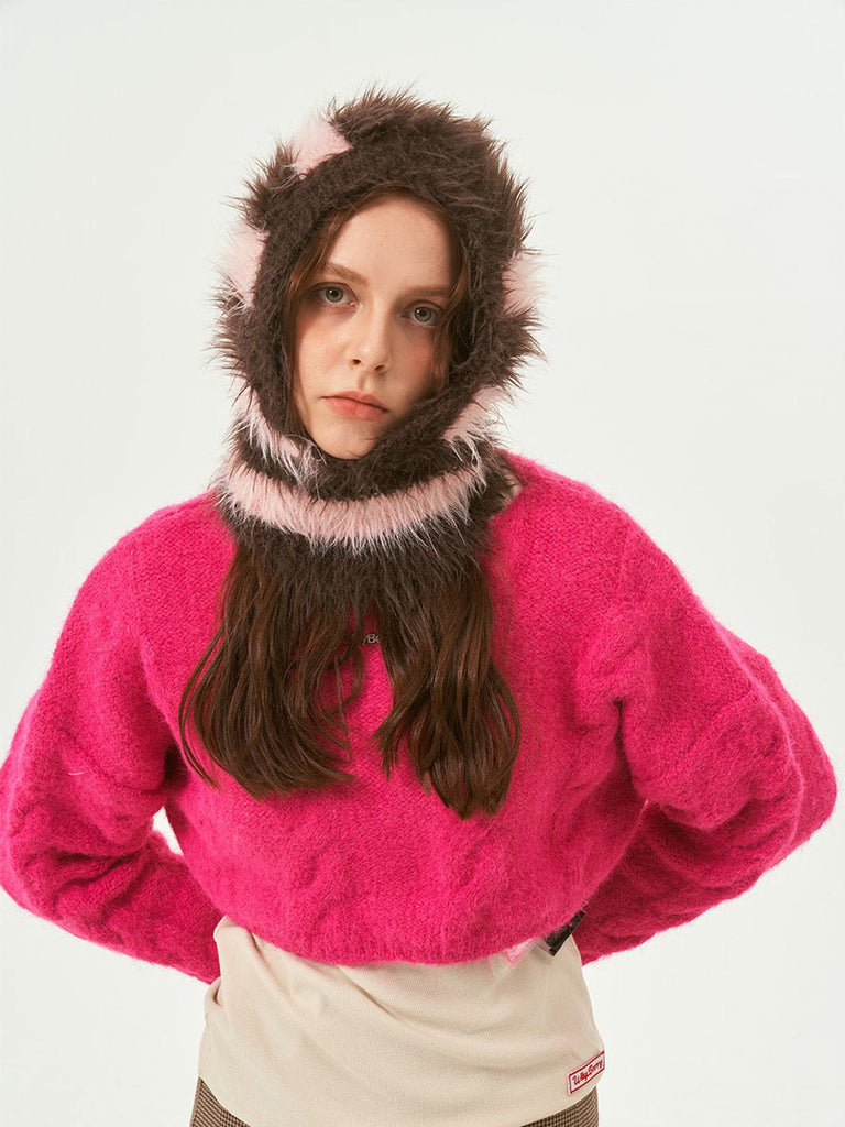 Cagoule tricotée douce en fausse fourrure, unisexe chaude, à rayures, cagoule d’hiver colorée, style streetwear, moelleuse à enfiler, modèle Yénize - Écharpe - Marron