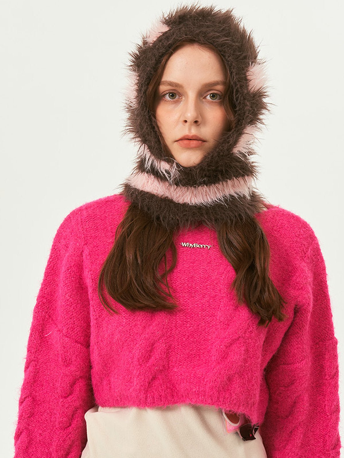 Cagoule tricotée douce en fausse fourrure, unisexe chaude, à rayures, cagoule d’hiver colorée, style streetwear, moelleuse à enfiler, modèle Yénize - Écharpe - Marron