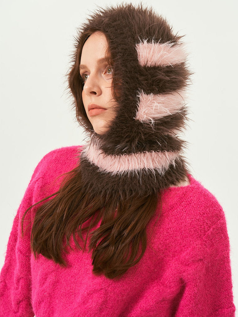 Cagoule tricotée douce en fausse fourrure, unisexe chaude, à rayures, cagoule d’hiver colorée, style streetwear, moelleuse à enfiler, modèle Yénize - Écharpe - Marron