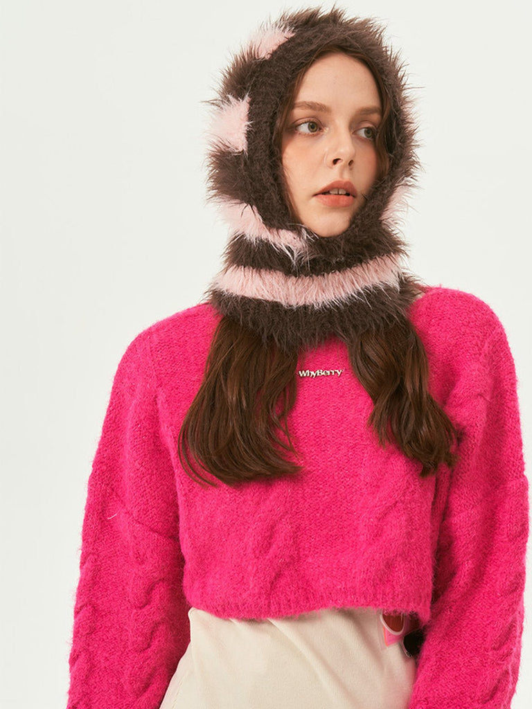 Cagoule tricotée douce en fausse fourrure, unisexe chaude, à rayures, cagoule d’hiver colorée, style streetwear, moelleuse à enfiler, modèle Yénize - Écharpe - Marron