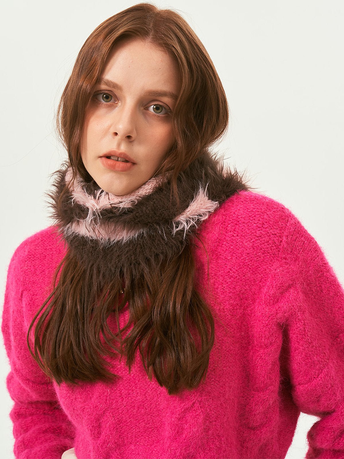 Cagoule tricotée douce en fausse fourrure, unisexe chaude, à rayures, cagoule d’hiver colorée, style streetwear, moelleuse à enfiler, modèle Yénize - Écharpe - Marron