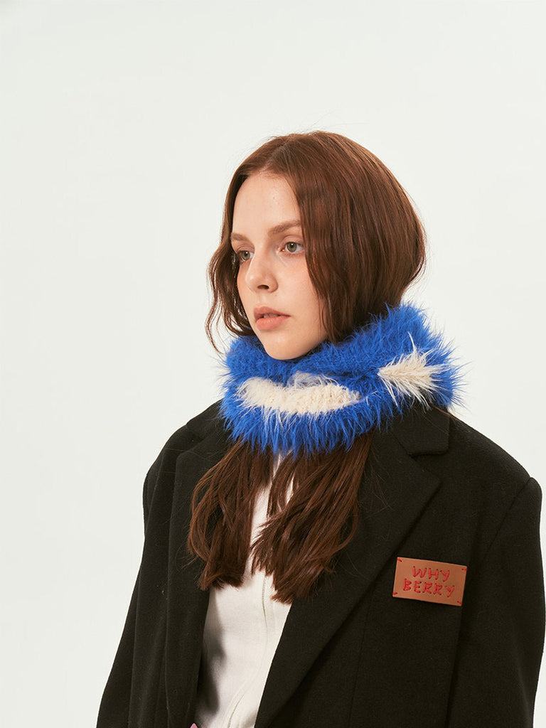 Cagoule tricotée douce en fausse fourrure, unisexe chaude, à rayures, cagoule d’hiver colorée, style streetwear, moelleuse à enfiler, modèle Yénize - Écharpe - Bleu