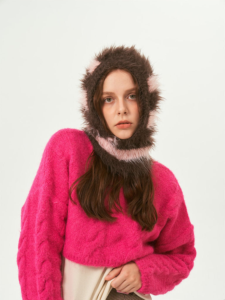 Cagoule tricotée douce en fausse fourrure, unisexe chaude, à rayures, cagoule d’hiver colorée, style streetwear, moelleuse à enfiler, modèle Yénize - Écharpe - Marron