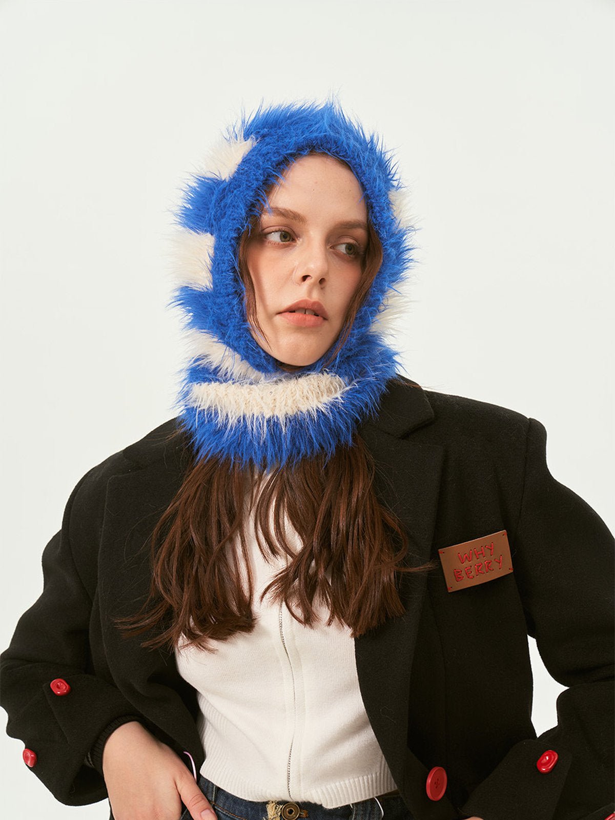 Cagoule tricotée douce en fausse fourrure, unisexe chaude, à rayures, cagoule d’hiver colorée, style streetwear, moelleuse à enfiler, modèle Yénize - Écharpe - Bleu