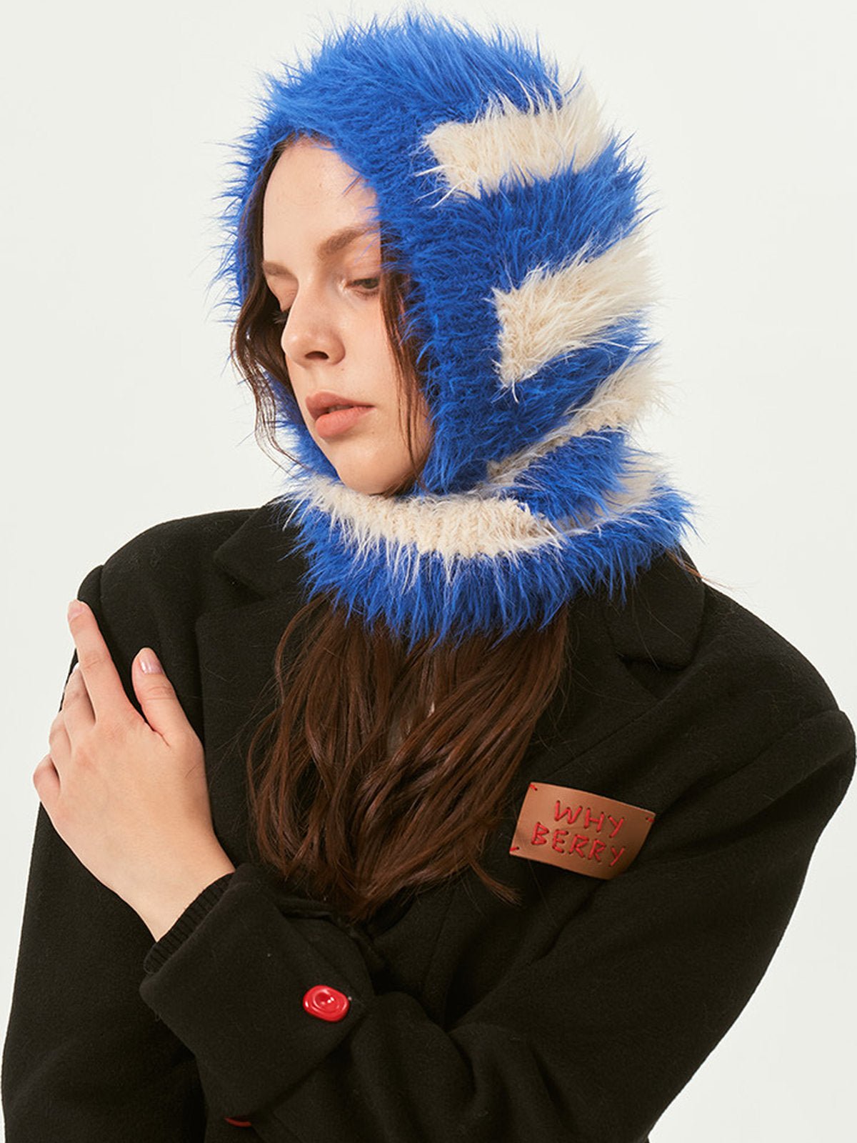 Cagoule tricotée douce en fausse fourrure, unisexe chaude, à rayures, cagoule d’hiver colorée, style streetwear, moelleuse à enfiler, modèle Yénize - Écharpe - Bleu