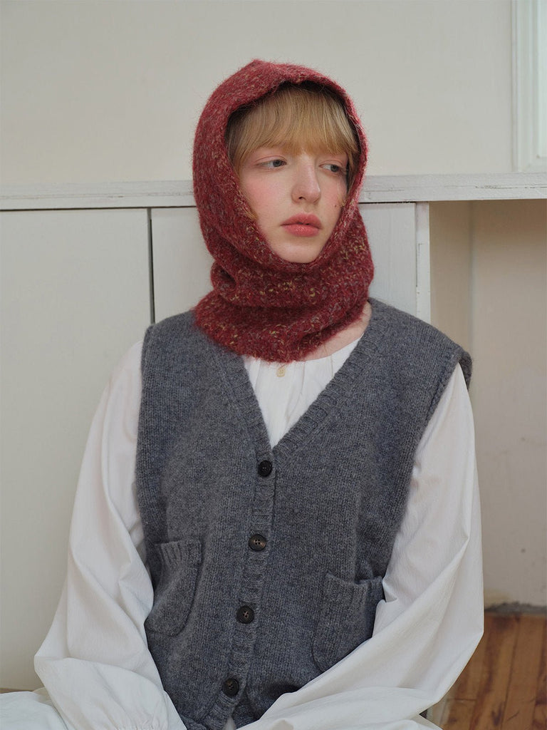 Cagoule tricotée femme hiver, cagoule en laine mélangée douce, capuche col intégrée, balaclava chaude, cagoule sans couture, bonnet cache - cou, modèle Békine - Écharpe - Rouge