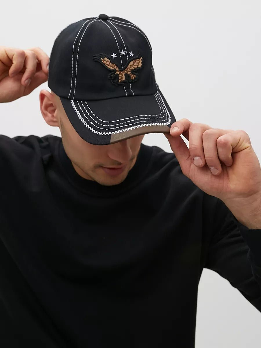 Casquette brodée aigle, visière courbée, ajustable, coton respirant, style urbain, modèle Eagle - Casquette - Noir
