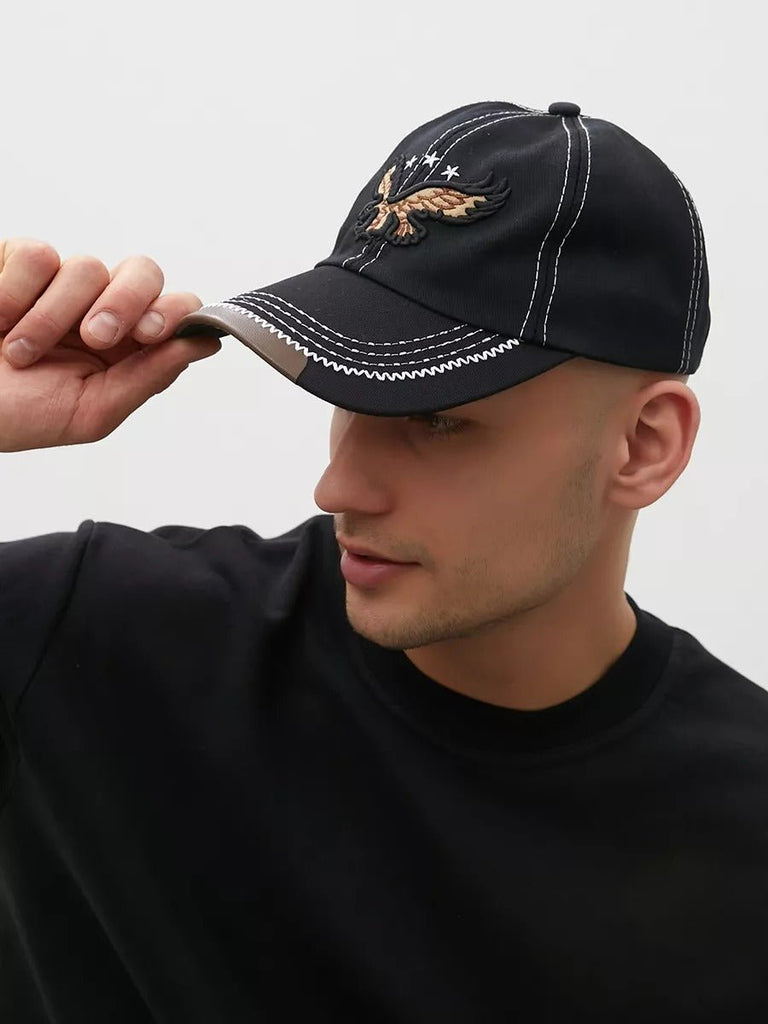 Casquette brodée aigle, visière courbée, ajustable, coton respirant, style urbain, modèle Eagle - Casquette - Noir