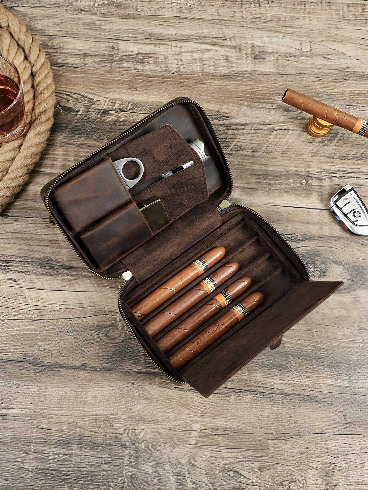 Cave à cigares, en cuir, vintage et adapté au transport, modèle Tiberius - Coffret - Café