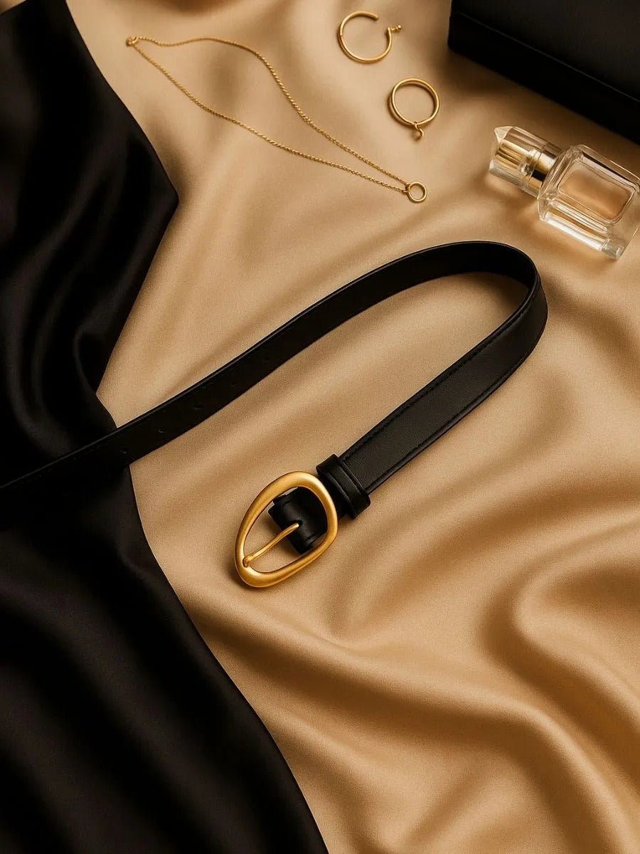 Ceinture femme en cuir, boucle dorée arrondie moderne, ceinture fine classique, accessoire mode 2025, modèle Adla - Ceinture - Noire S