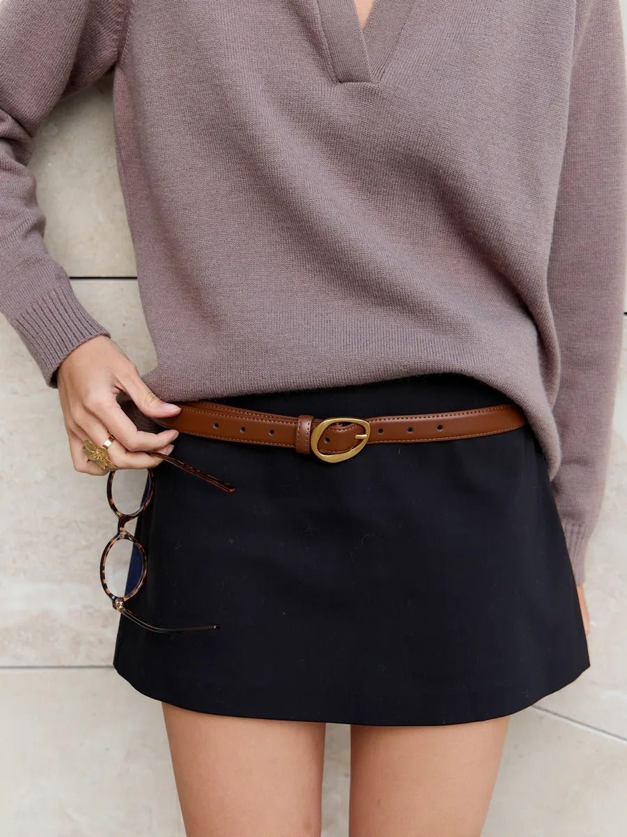 Ceinture femme en cuir, boucle dorée arrondie moderne, ceinture fine classique, accessoire mode 2025, modèle Adla - Ceinture - Marron S