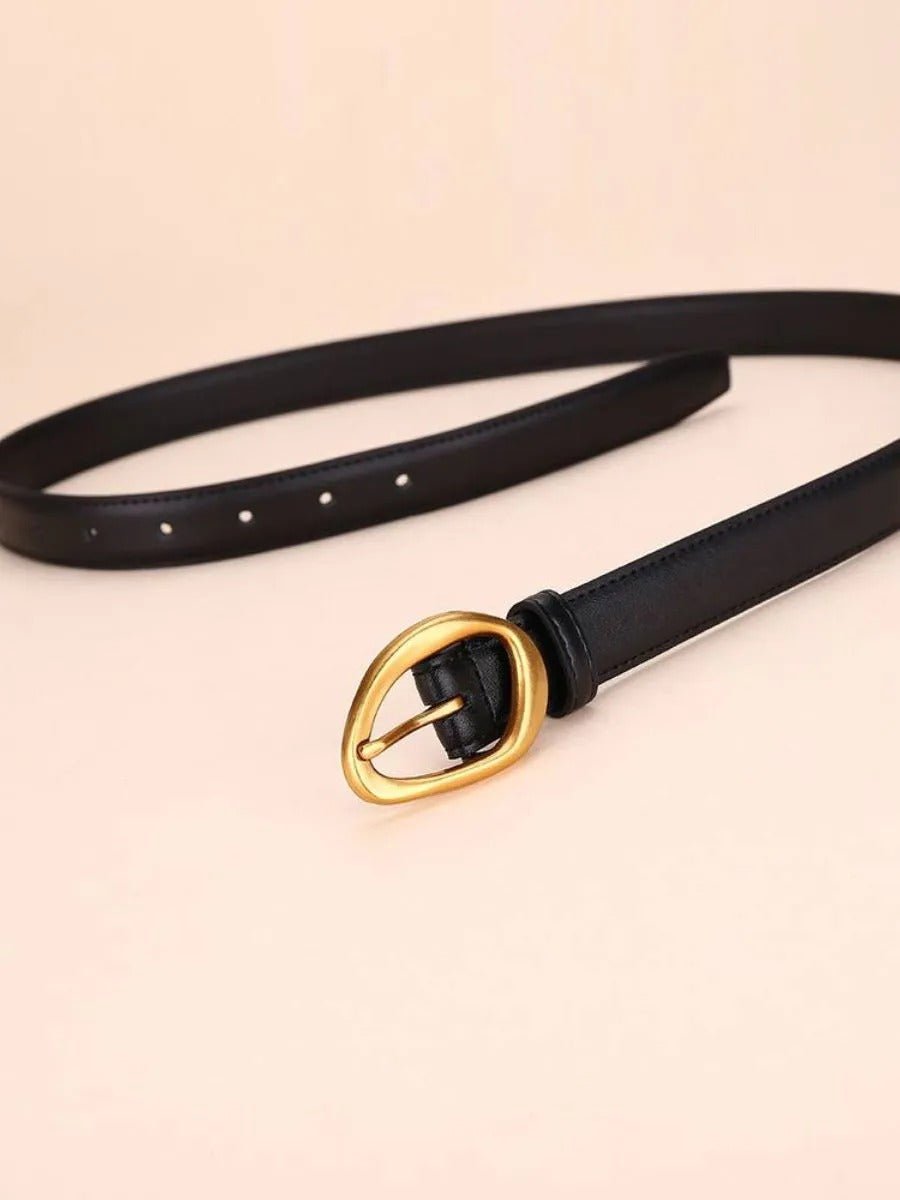 Ceinture femme en cuir, boucle dorée arrondie moderne, ceinture fine classique, accessoire mode 2025, modèle Adla - Ceinture - Noire S