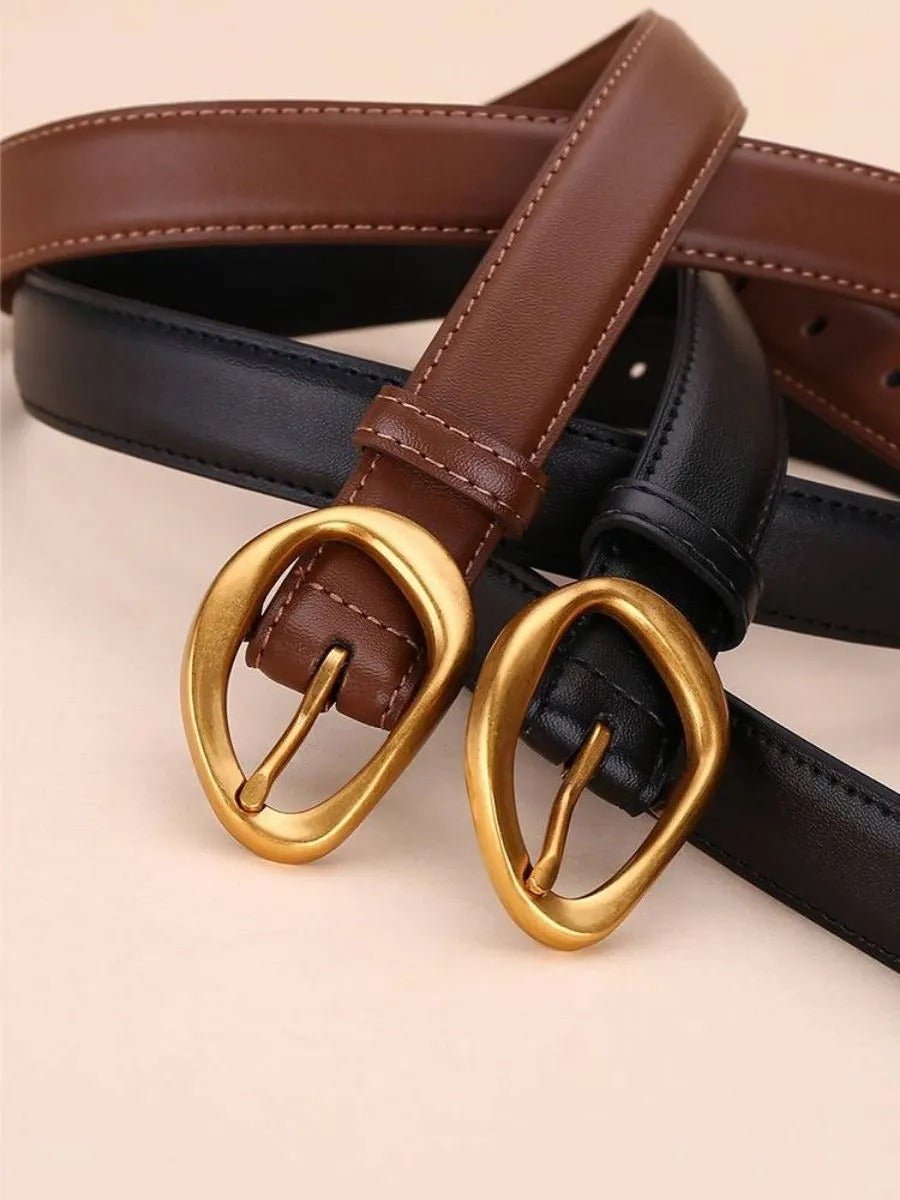 Ceinture femme en cuir, boucle dorée arrondie moderne, ceinture fine classique, accessoire mode 2025, modèle Adla - Ceinture - Marron S