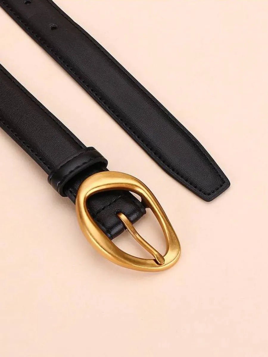 Ceinture femme en cuir, boucle dorée arrondie moderne, ceinture fine classique, accessoire mode 2025, modèle Adla - Ceinture - Noire S