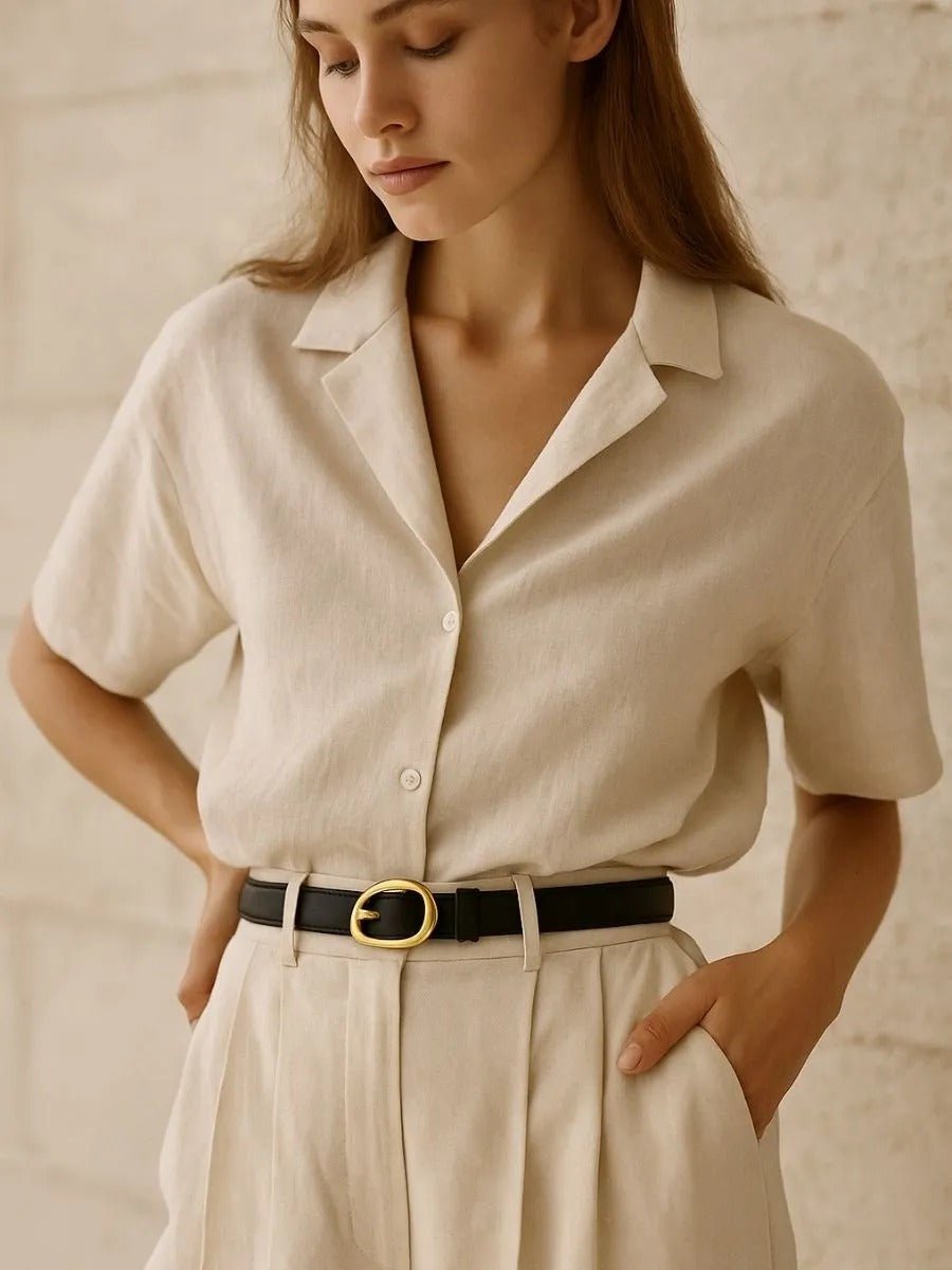 Ceinture femme en cuir, boucle dorée arrondie moderne, ceinture fine classique, accessoire mode 2025, modèle Adla - Ceinture - Noire S