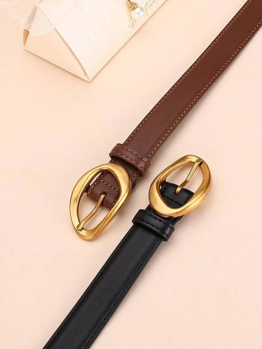Ceinture femme en cuir, boucle dorée arrondie moderne, ceinture fine classique, accessoire mode 2025, modèle Adla - Ceinture - Marron S