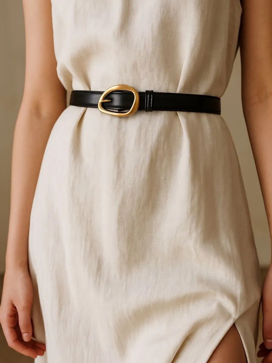 Ceinture femme en cuir, boucle dorée arrondie moderne, ceinture fine classique, accessoire mode 2025, modèle Adla - Ceinture - Noire S