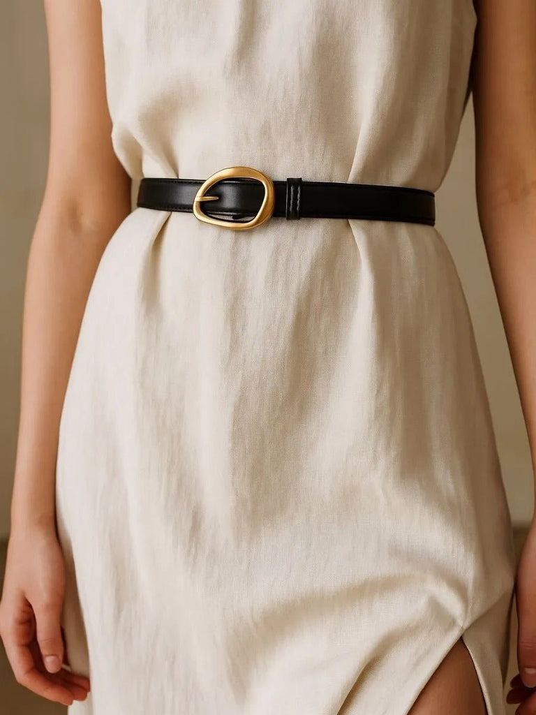 Ceinture femme en cuir, boucle dorée arrondie moderne, ceinture fine classique, accessoire mode 2025, modèle Adla - Ceinture - Noire S
