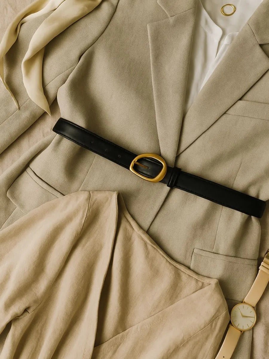 Ceinture femme en cuir, boucle dorée arrondie moderne, ceinture fine classique, accessoire mode 2025, modèle Adla - Ceinture - Noire S