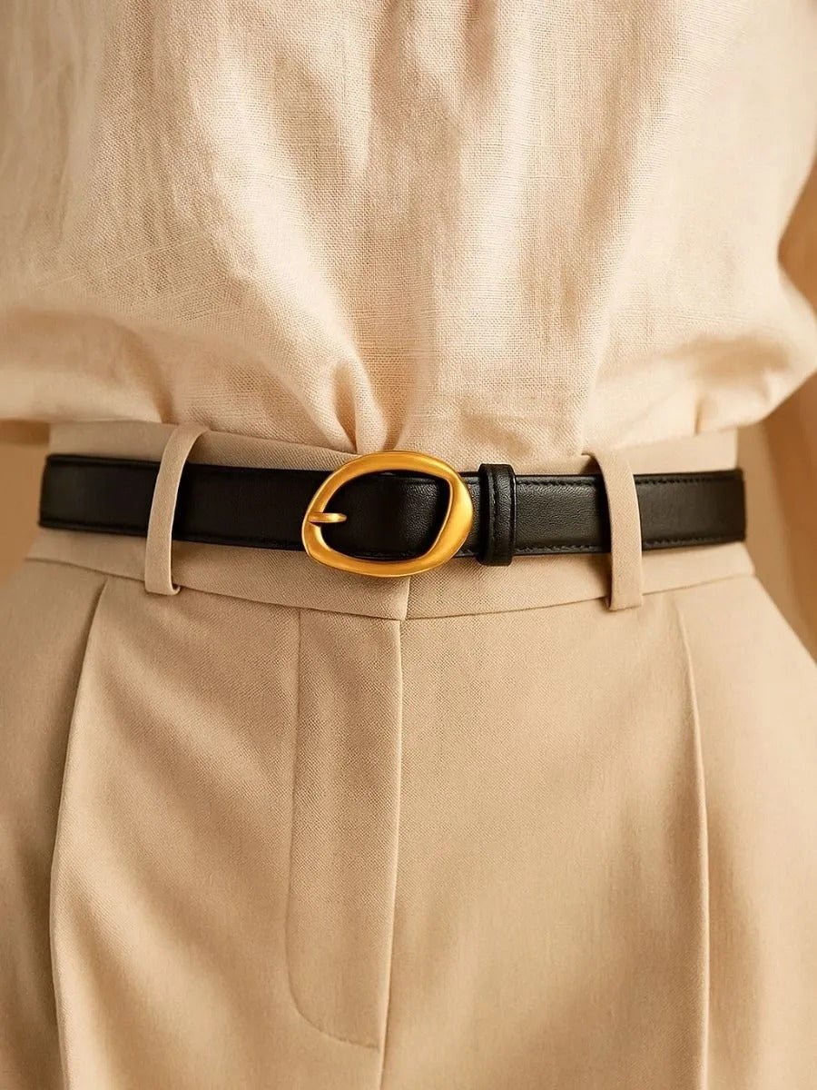 Ceinture femme en cuir, boucle dorée arrondie moderne, ceinture fine classique, accessoire mode 2025, modèle Adla - Ceinture - Noire S