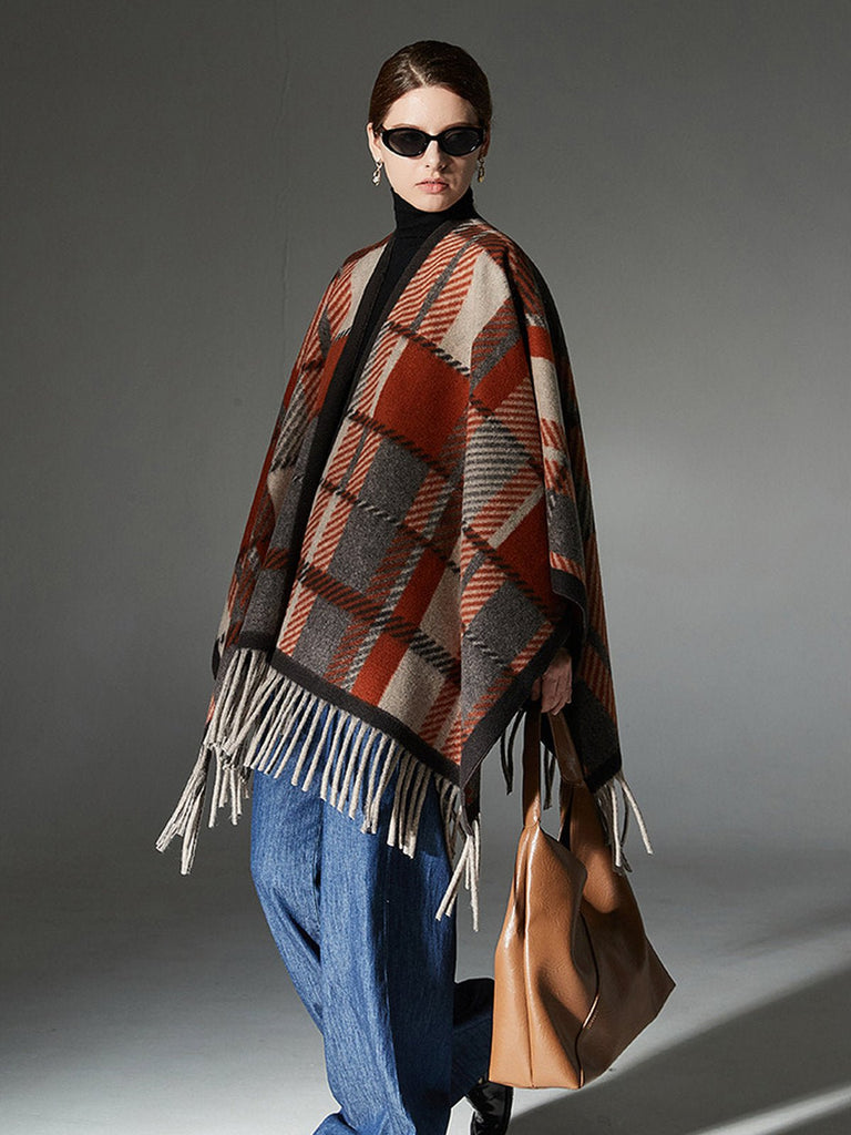 Châle à carreaux femme, châle chaud à franges, poncho laine mélangée, cape douce grande taille, châle hiver automne, modèle Pia - Châle - Multicolore