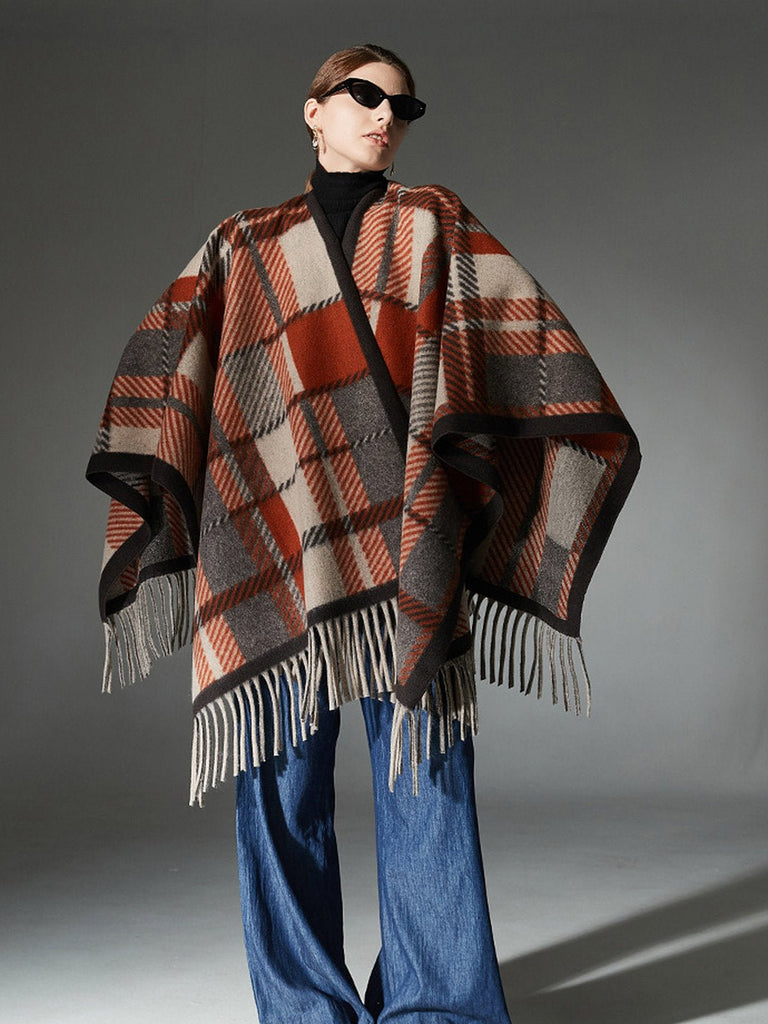 Châle à carreaux femme, châle chaud à franges, poncho laine mélangée, cape douce grande taille, châle hiver automne, modèle Pia - Châle - Multicolore