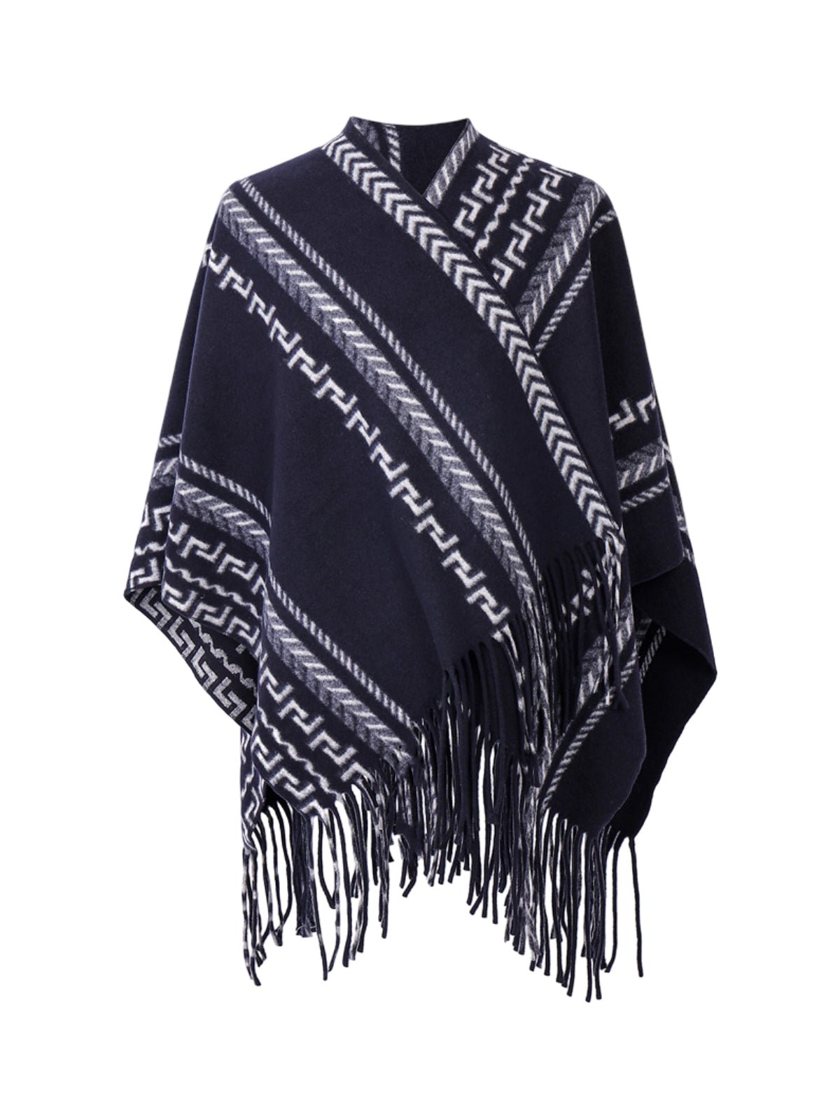 Châle à franges bleu marine, poncho chaud femme, cape géométrique moderne, couverture épaules douce, châle hivernal ample, style urbain chic, modèle Domitille - Châle - Bleu marine