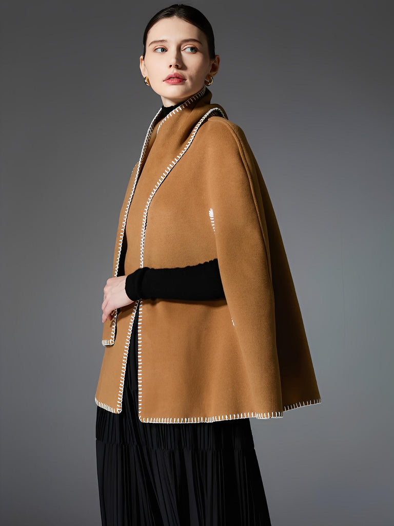 Châle camel double face, couture contrastée blanche, cape chaude automne hiver, style européen, douceur enveloppante, design minimal, grande taille confortable, modèle Soline - Châle - Camel