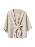 Châle cape double face, laine synthétique douce, ceinture ajustable, couleur beige, style moderne, confort chaud, tenue automne hiver, modèle Marilou - Châle - Beige