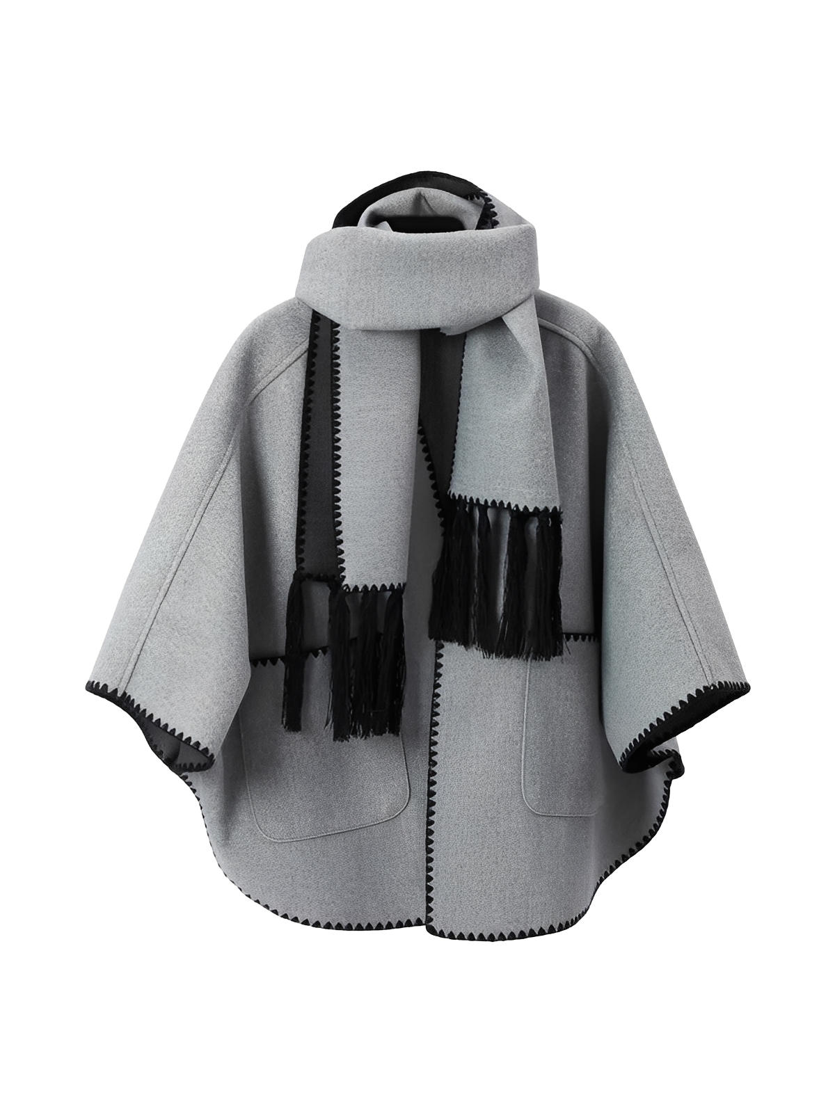 Châle cape femme, grand châle à poches, doux et chaud, style urbain, bord contrasté, écharpe intégrée automne hiver, modèle Fodja - Châle - Gris