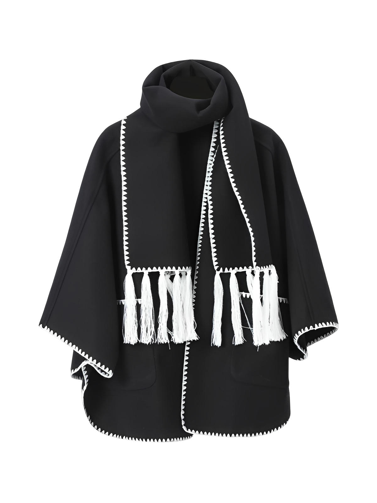 Châle cape femme, grand châle à poches, doux et chaud, style urbain, bord contrasté, écharpe intégrée automne hiver, modèle Fodja - Châle - Noir