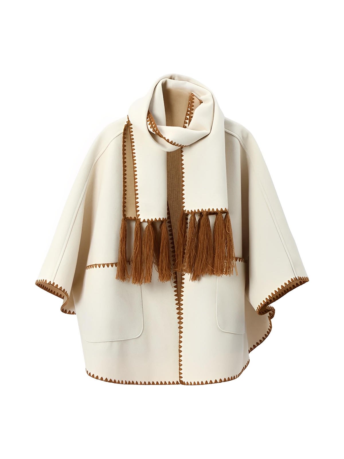 Châle cape femme, grand châle à poches, doux et chaud, style urbain, bord contrasté, écharpe intégrée automne hiver, modèle Fodja - Châle - Blanc