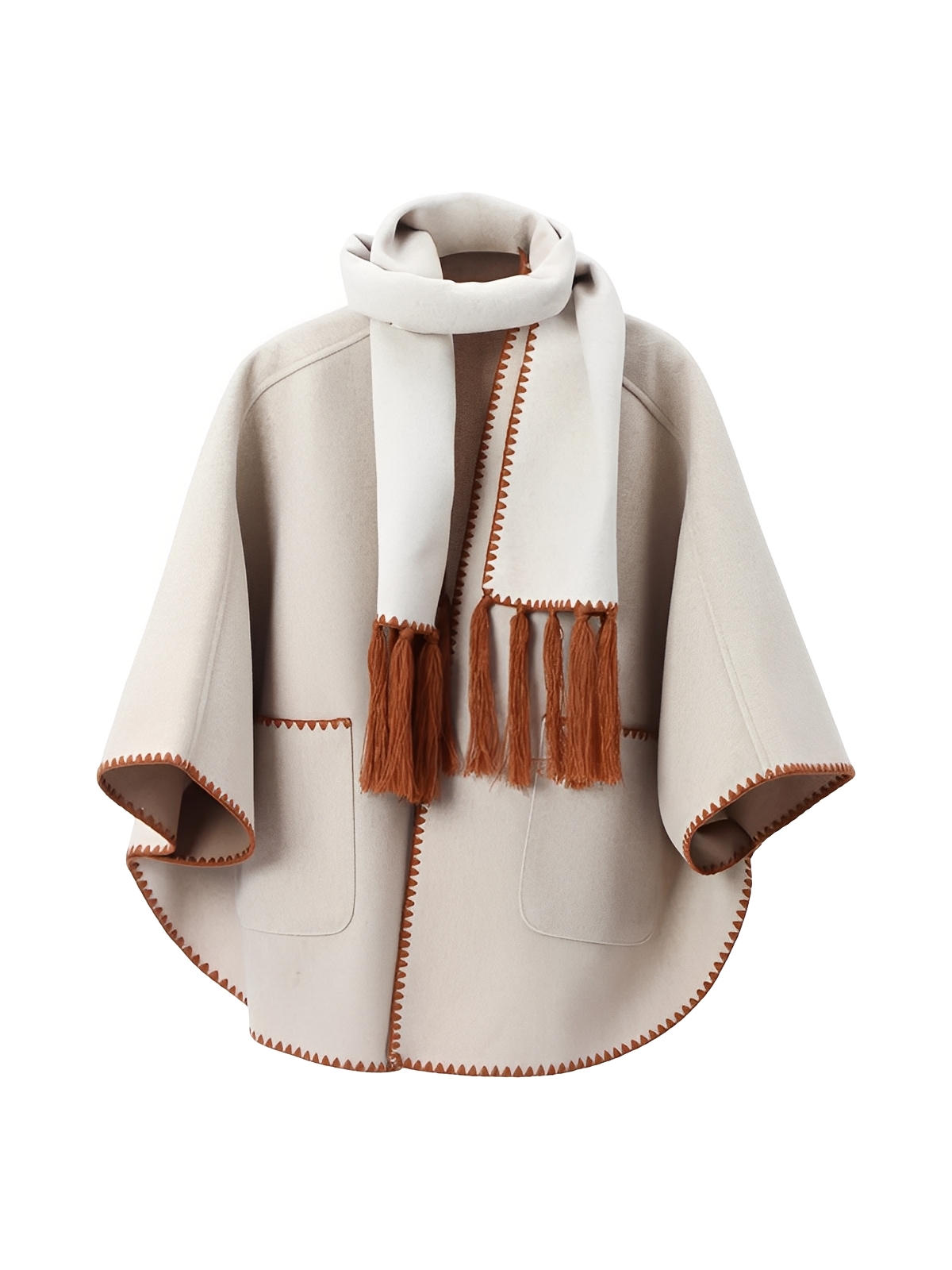 Châle cape femme, grand châle à poches, doux et chaud, style urbain, bord contrasté, écharpe intégrée automne hiver, modèle Fodja - Châle - Taupe