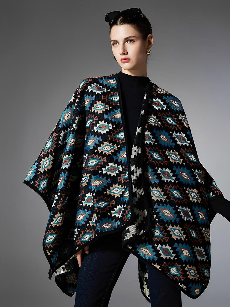 Châle chaud, poncho géométrique, couverture épaisse, cape colorée, style bohème, motifs azur et terre, grand format 150x130 cm, douceur cocooning, modèle Célestia - Châle - Multicolore