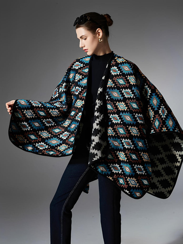 Châle chaud, poncho géométrique, couverture épaisse, cape colorée, style bohème, motifs azur et terre, grand format 150x130 cm, douceur cocooning, modèle Célestia - Châle - Multicolore