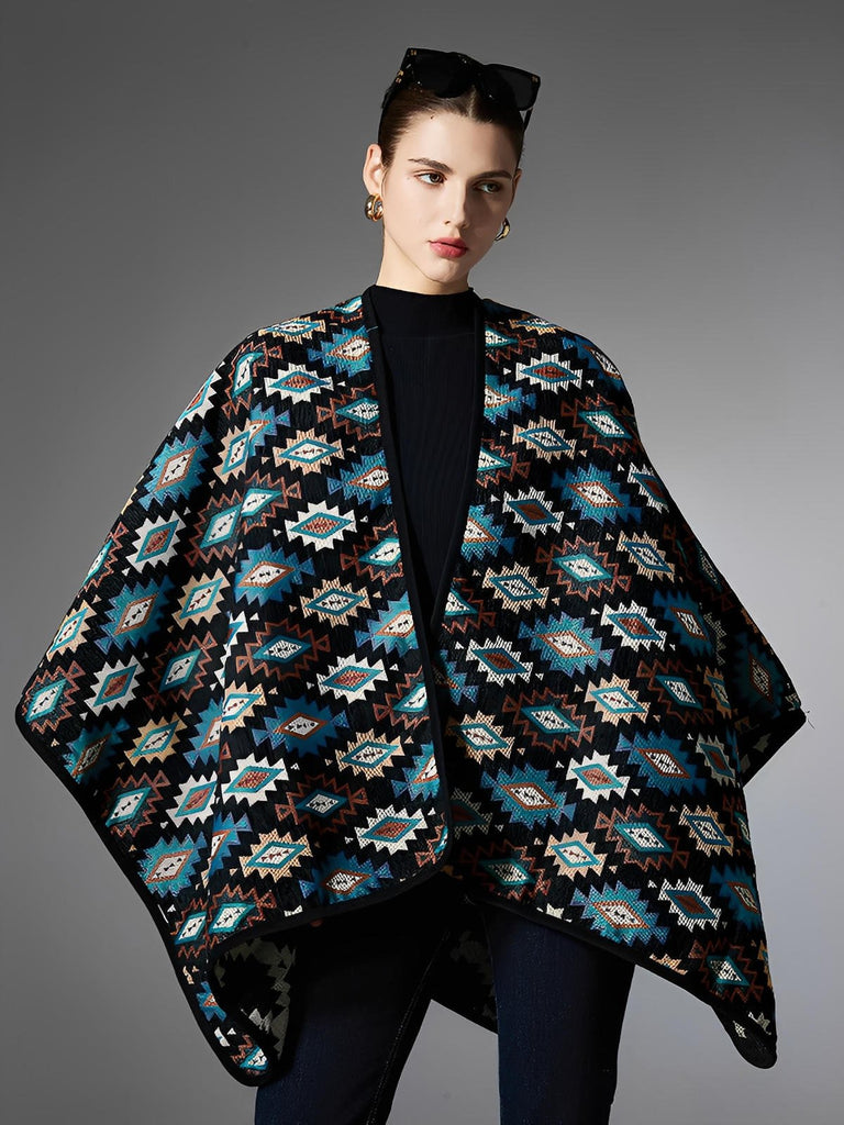 Châle chaud, poncho géométrique, couverture épaisse, cape colorée, style bohème, motifs azur et terre, grand format 150x130 cm, douceur cocooning, modèle Célestia - Châle - Multicolore