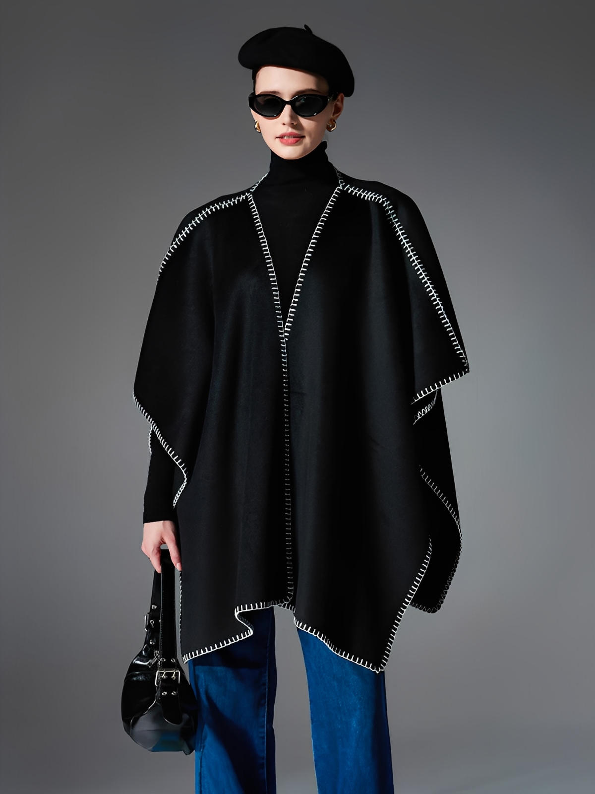 Châle double face, finition bord contrasté, toucher doux, chaud et confortable, style européen moderne, modèle Ertine - Châle - Noir