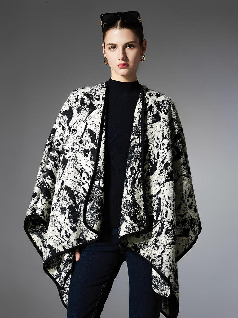 Châle femme, cape ample, imprimé abstrait noir et blanc, effet peinture à l’encre, toucher doux, grande taille chaude, style moderne, modèle Loumie - Châle - Blanc et noir
