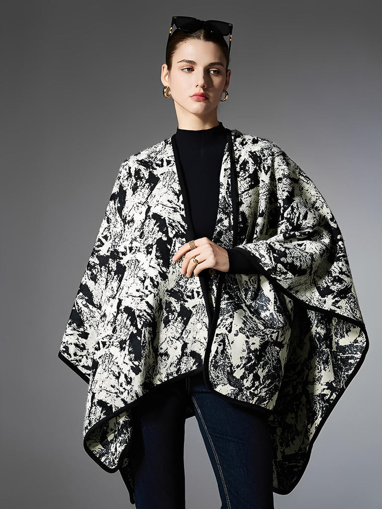 Châle femme, cape ample, imprimé abstrait noir et blanc, effet peinture à l’encre, toucher doux, grande taille chaude, style moderne, modèle Loumie - Châle - Blanc et noir