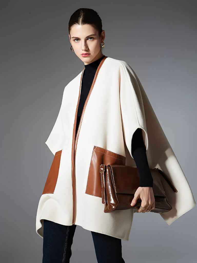 Châle femme, cape mi - saison, châle à poches simili, poncho chaud, manteau sans manches, cape beige chic, châle automne hiver, poncho oversize, châle doux, cape ample, modèle Tarisse - Châle - Beige