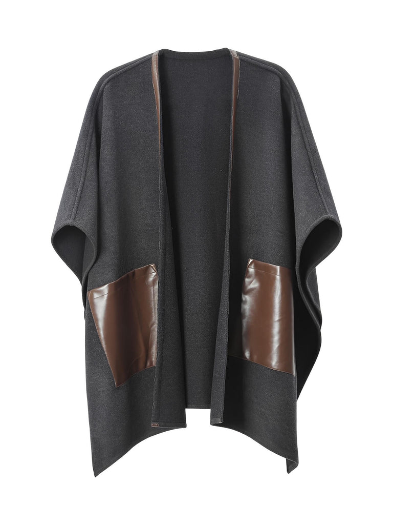 Châle femme, cape mi - saison, châle à poches simili, poncho chaud, manteau sans manches, cape beige chic, châle automne hiver, poncho oversize, châle doux, cape ample, modèle Tarisse - Châle - Gris foncé