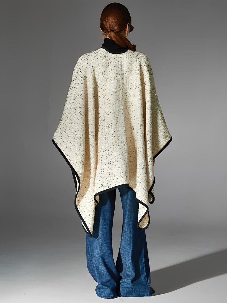 Châle laine doré, cape chaude femme, poncho chic hiver, grand châle rectangulaire, châle beige bordure noire, couverture d'épaule chaude, modèle Busha