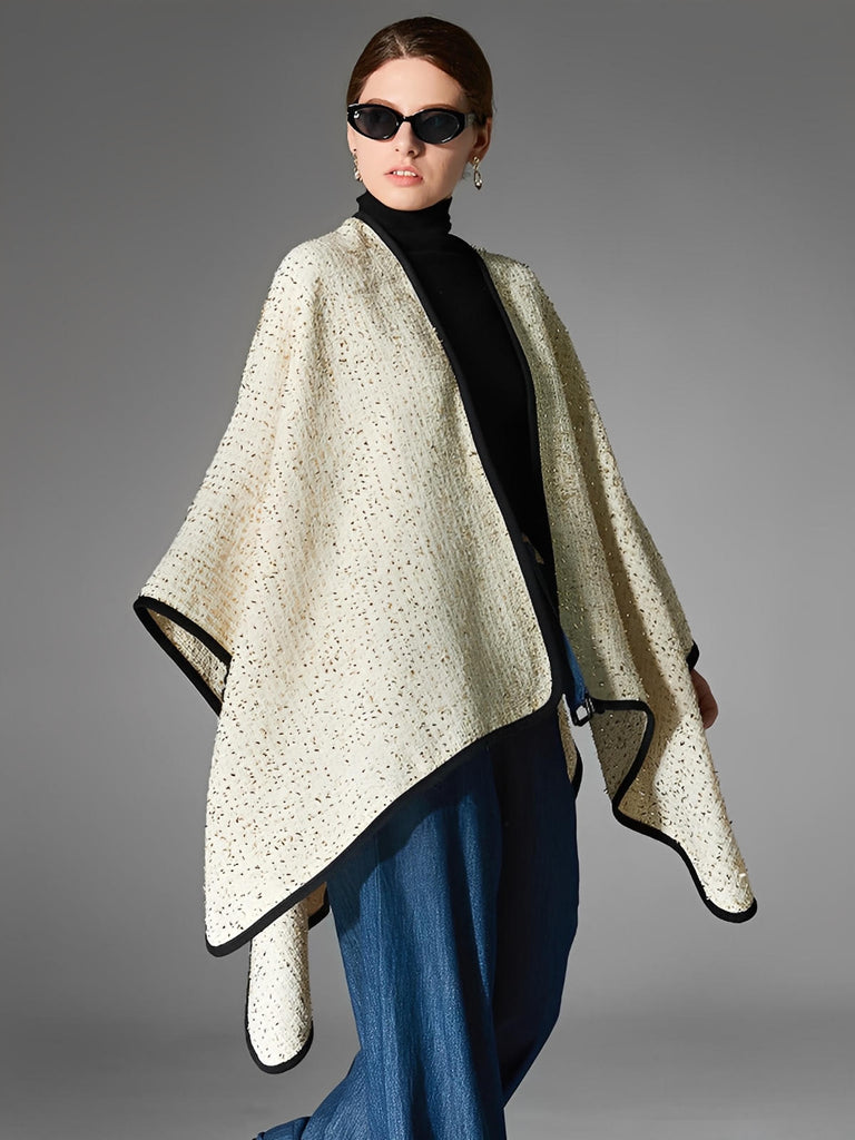 Châle laine doré, cape chaude femme, poncho chic hiver, grand châle rectangulaire, châle beige bordure noire, couverture d'épaule chaude, modèle Busha